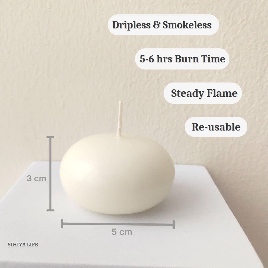 White floating candle with 5-6 hours burn time, dripless, smokeless