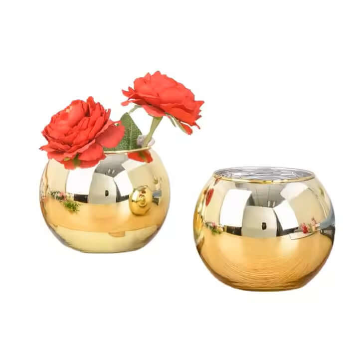 Gold Glass Fish Bowl Vase with red flowers