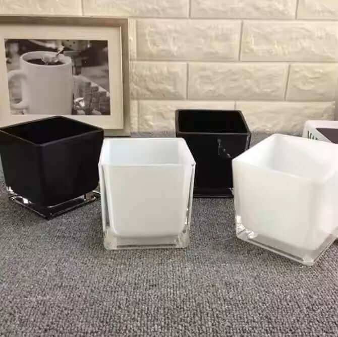 Square glass vases in black and white