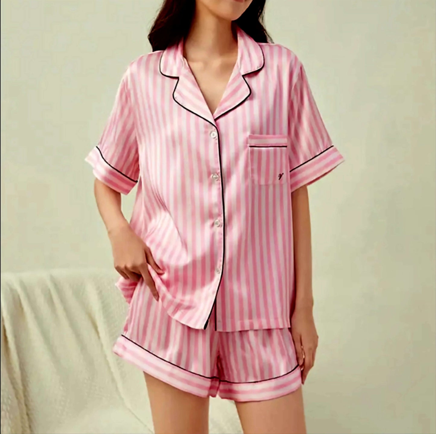 striped satin sleepwear pajama set with short sleeves