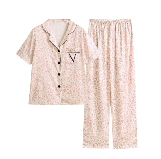 leopard print milk silk pajama set with short sleeves