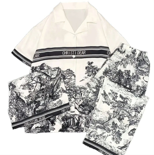 two-piece pajama set featuring nature print