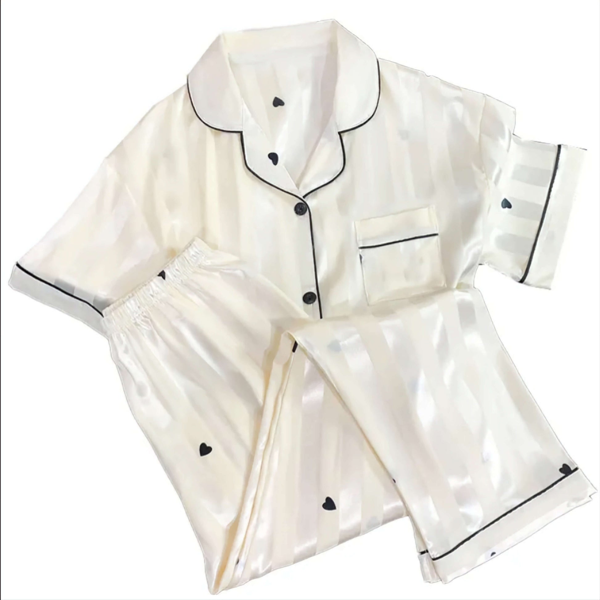 short sleeve satin pajama set in white with black piping