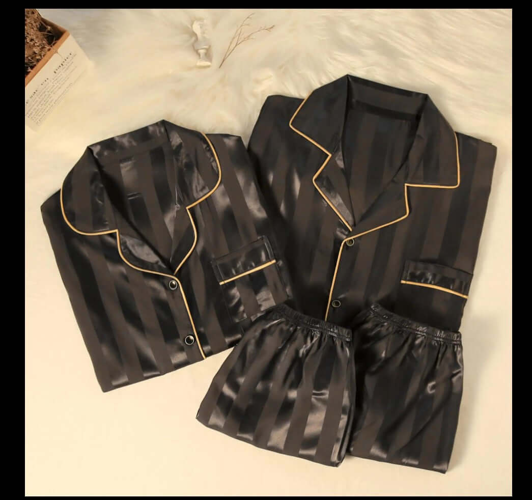 black satin pajama sleepwear set with golden piping