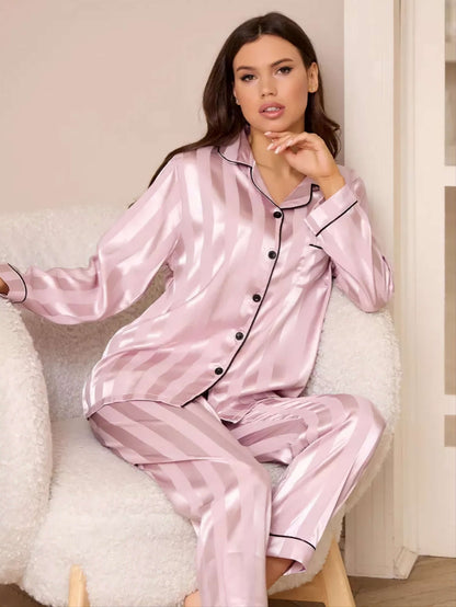 Women in luxurious Pink Sleepwear pajama set made of silky satin